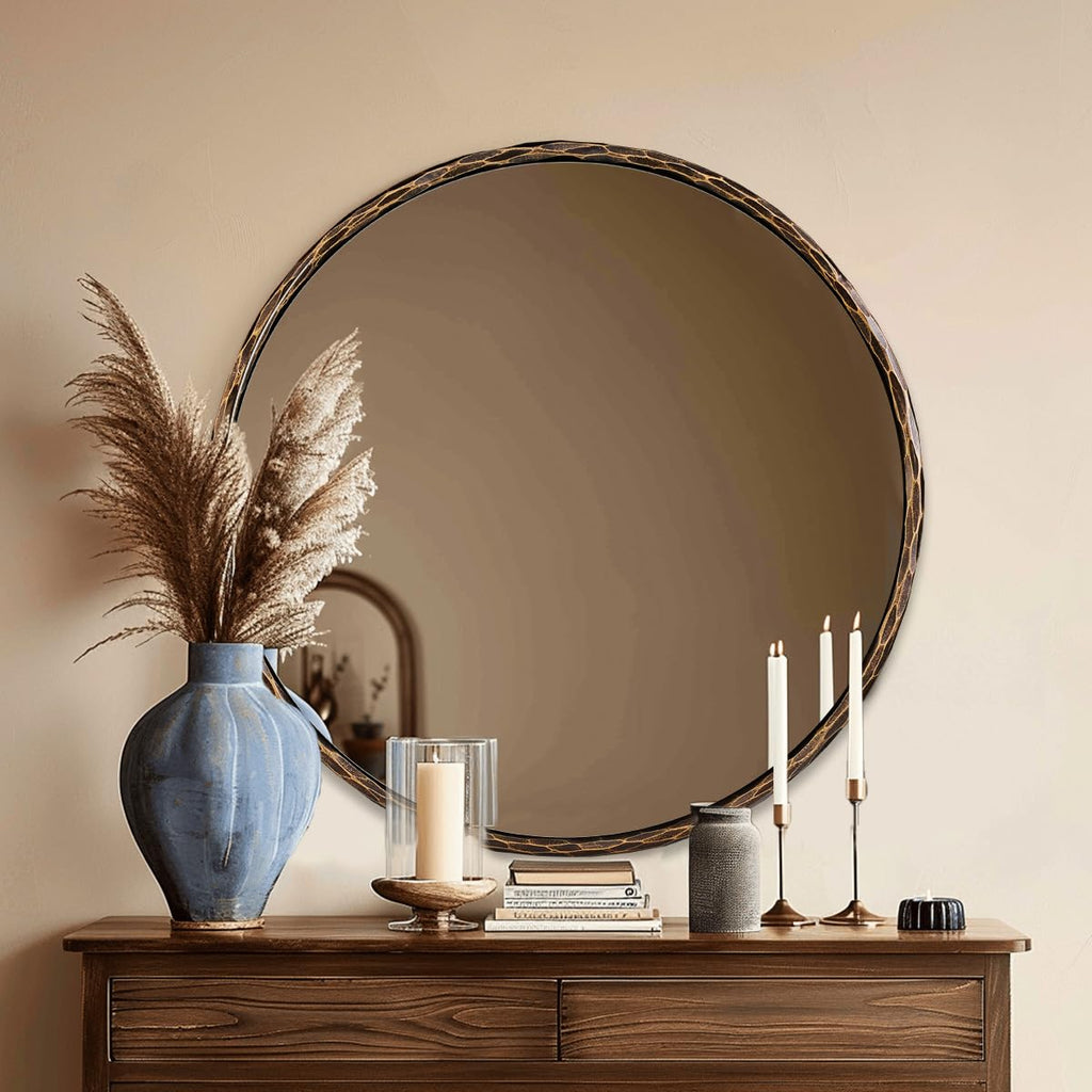 Hand-Forged Round Bathroom Mirror, 24 Inch Oil Rubbed Bronze Vanity Circular Mirror, Solid Steel Antique Hammered