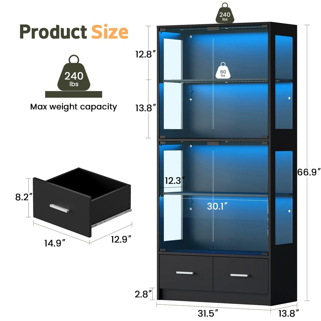 67" Display Cabinet with Glass Doors and 2 Drawers | Black