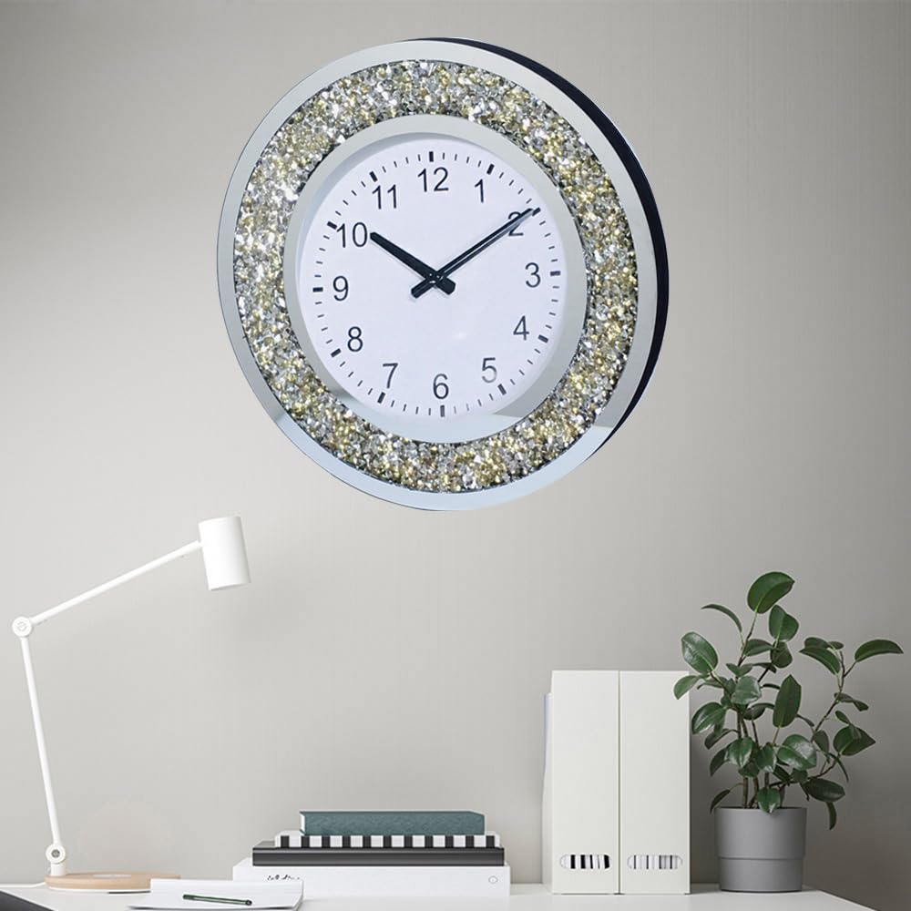 Golden Round Mirror Clock Crystal Sparkle Twinkle Bling Crush Diamond Mirrored Large Wall Clock for Wall Decoration