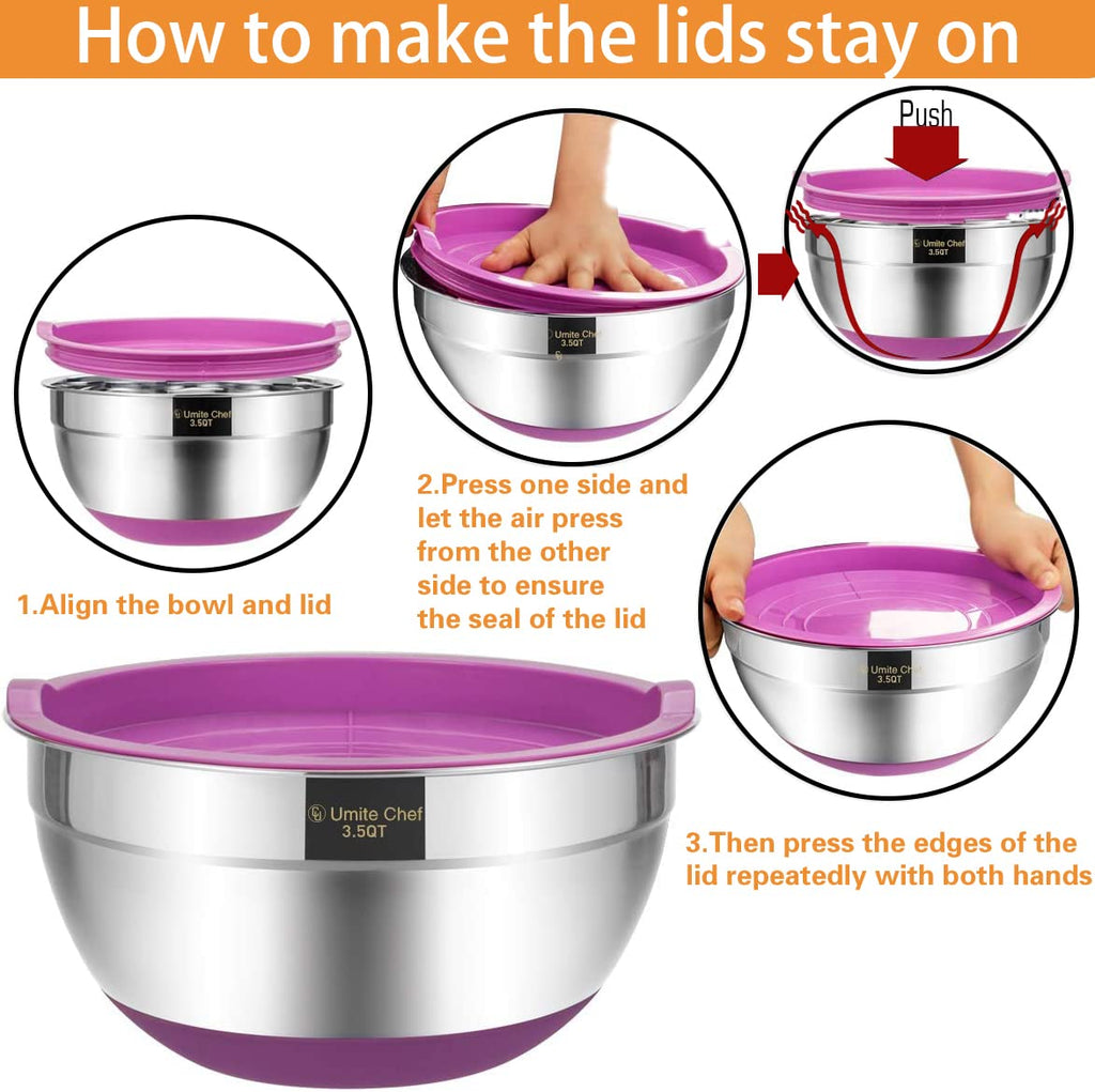Mixing Bowls with Airtight Lids, 6 Piece Stainless Steel Metal Bowls, Measurement Marks & Colorful Non-Slip Bottoms