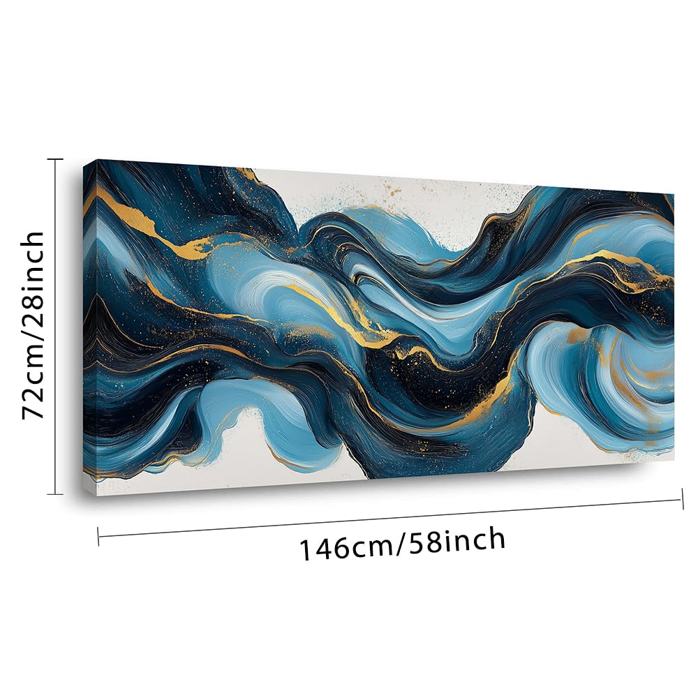 Abstract Blue and Gold Swirling Stripe Wall Art Office Contemporary Art Deco White Background Painting Prints Modern