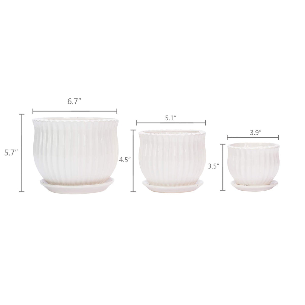 Ceramic Flower Plant Pots with Saucers, Modern Round Ceramic Succulent Planter Pots with White Stripe Texture, Small