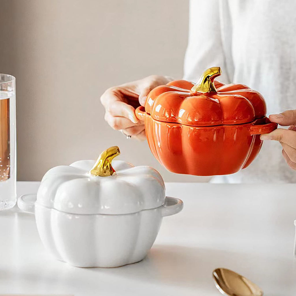 Pumpkin Bowl Set with Lid and Handle, 14 Oz Ceramic Ramekins for Baking, Casserole Dish Individual Severing Pot