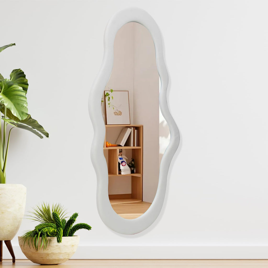 White Cloud Shaped Wall Mirror 44x21 Inch - Fabric Wrapped Irregular Asymmetrical Mirror Bedroom Bathroom Entryway