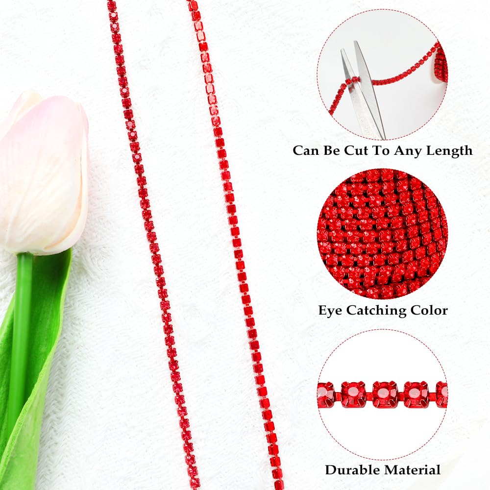 Rhinestone Chain 2mm Rhinestone Trim Roll Red Diamond Chain Strips Crystal Rhinestone Close Chain Bling - 10 Yards