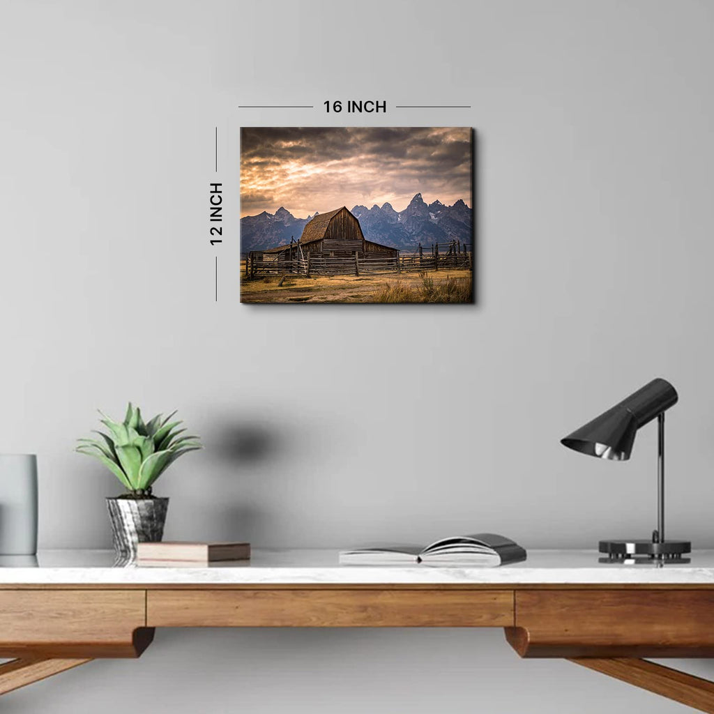 Grand Teton National Park Canvas Wall Art Sunset Moulton Barn Landscape Wall Decor, Wyoming Nature Mountains Scenery