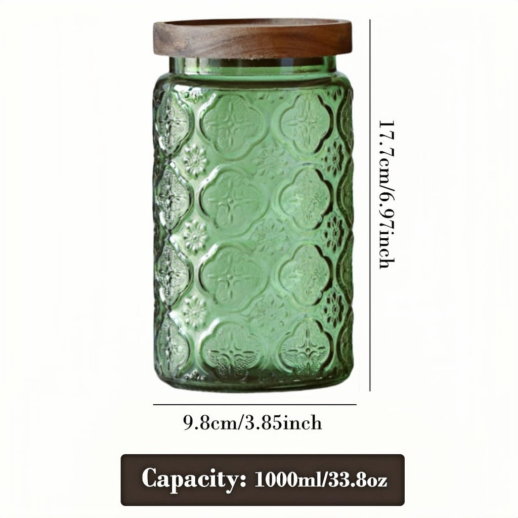 2-Pack 34 oz Green Glass Storage Jars, Begonia Pattern, Airtight Wood Lids