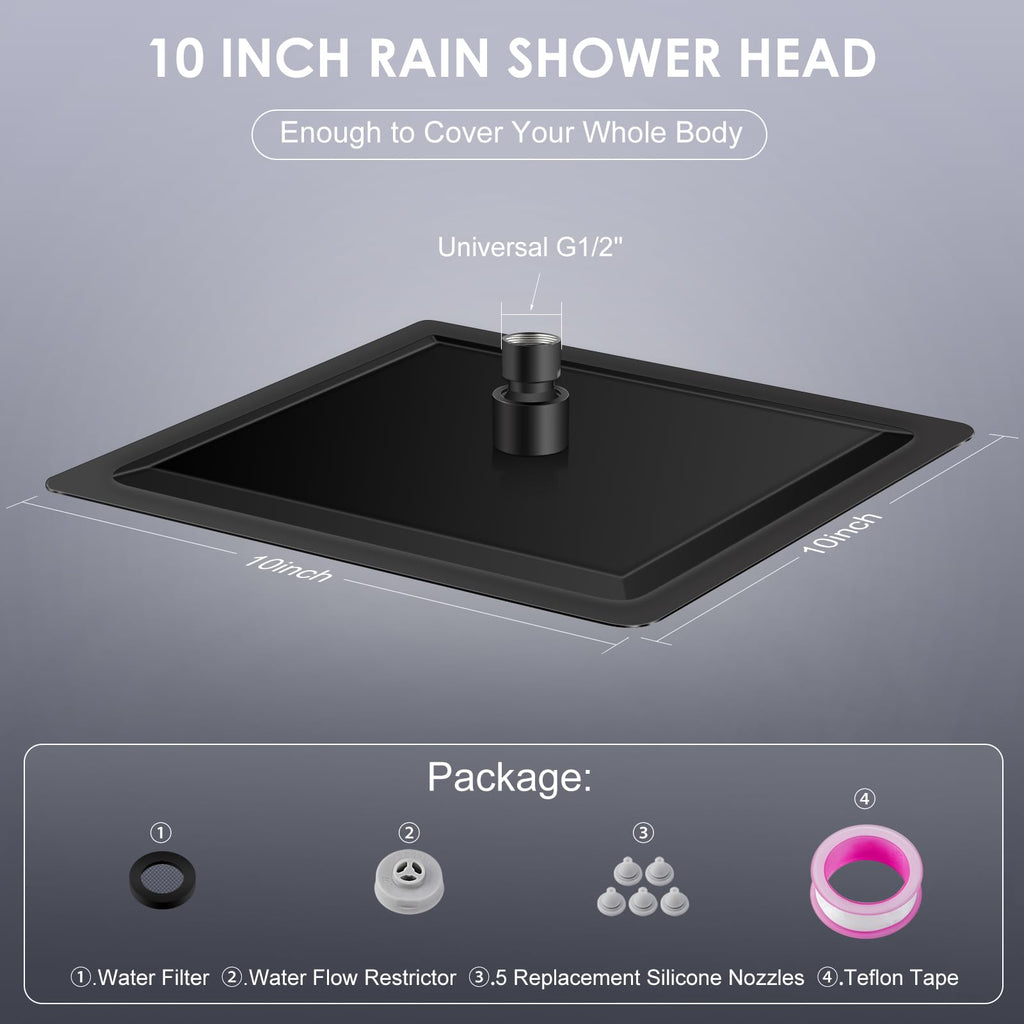 10 Inch Matte Black Rain Shower Head - All Metal Stainless Steel 304, Ultra Thin Design, Modern Bathroom Square
