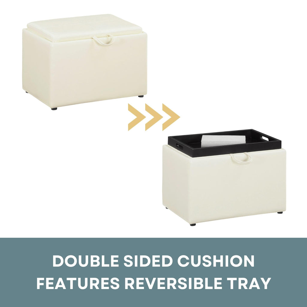 Designs4Comfort Accent Storage Ottoman 22.75" - Modern Foot Stool with Decorative Tray, Ivory Faux Leather