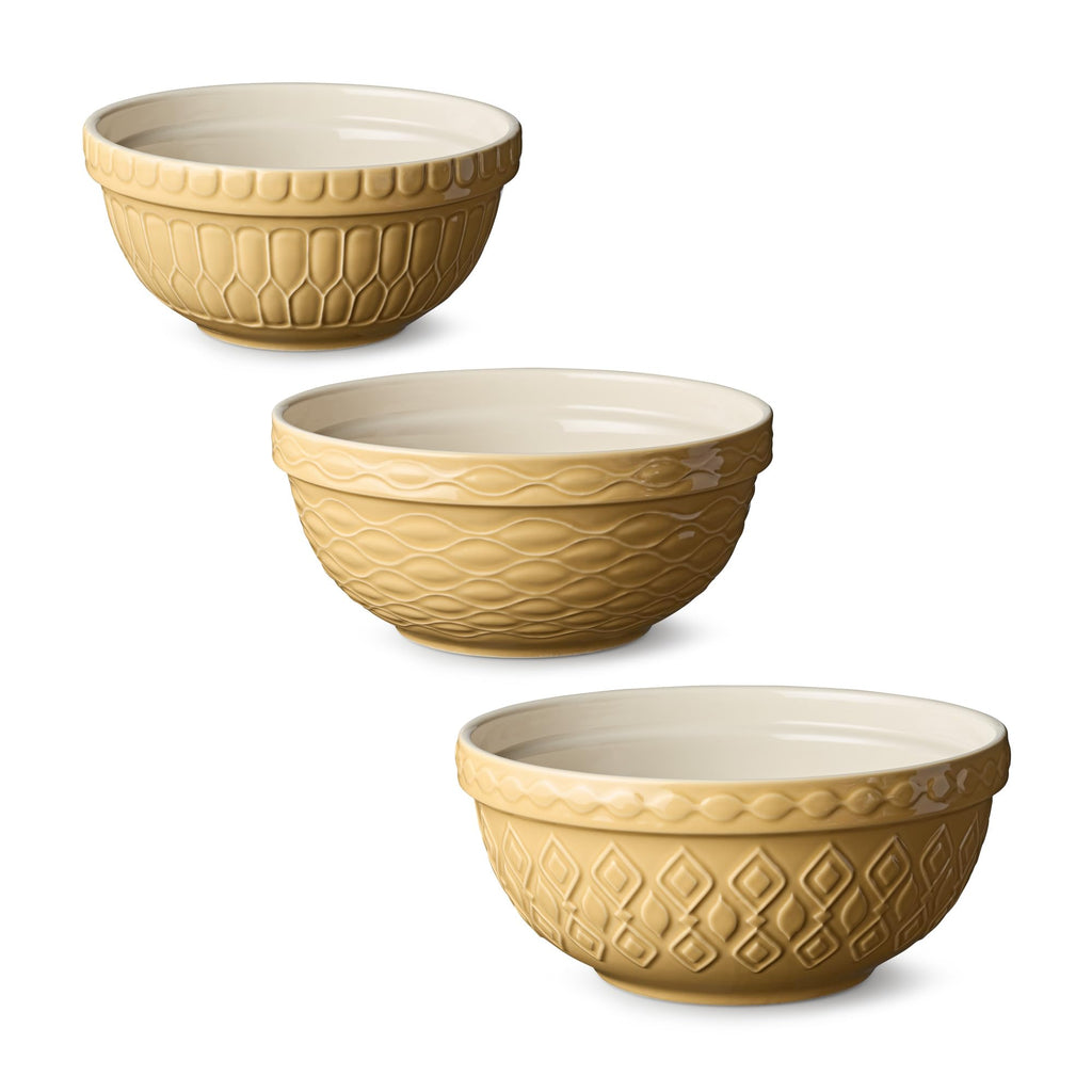 Vintage Farm Stoneware Mixing Bowl Set, 3-Piece, Includes 2 Qt, 3 Qt & 4.25 Qt Bowls, Embossed Patterns
