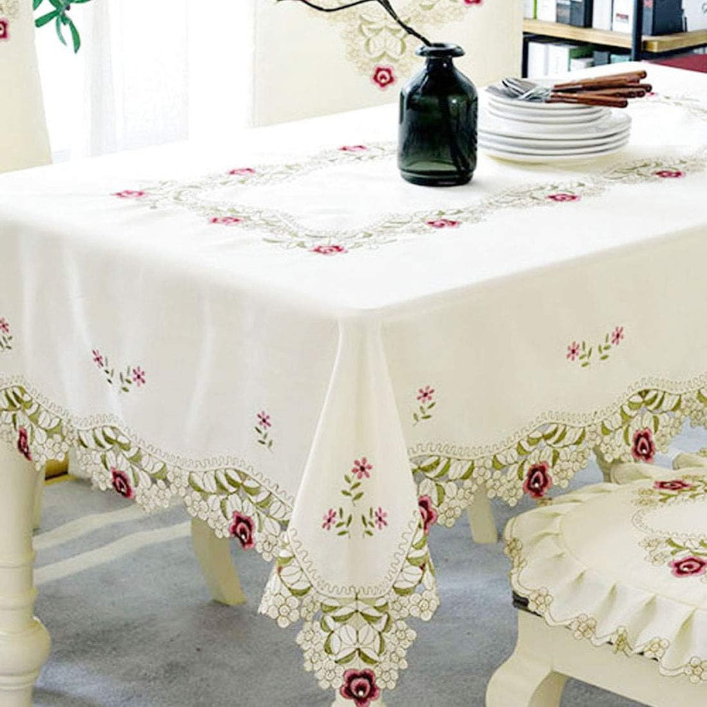 68"X120" Oblong Flower Embroidered Lace Tablecloth, Floral Vintage Classic Rectangular Table Cloth C