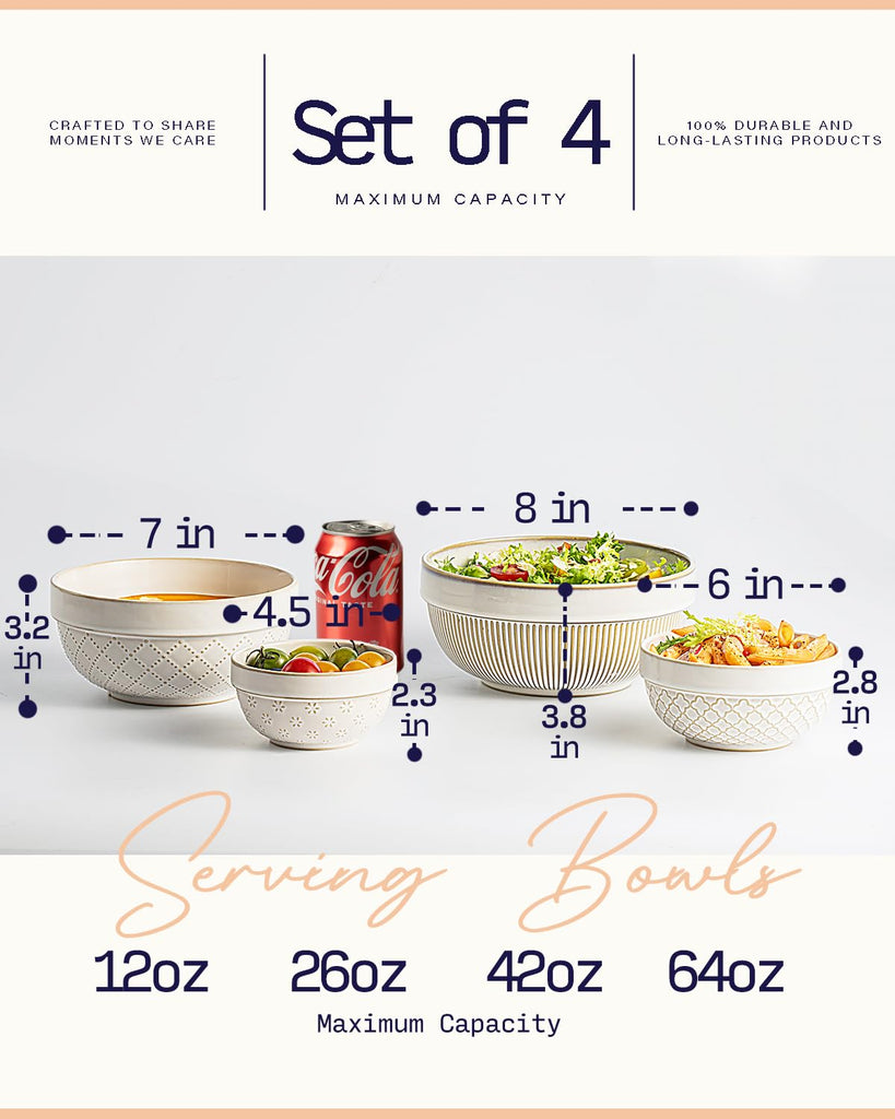 Large Serving Bowls Set of 4, 12/26/42/64 oz Ceramic Stoneware Nesting Bowls Set, Microwave and Dishwasher Safe