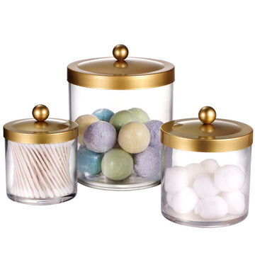 3Pack Large Plastic Apothecary Jars with Gold Metal Lids