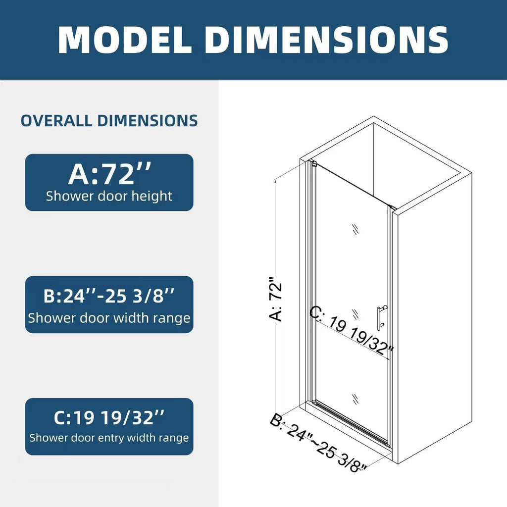 24"-25.4" W x 72" H Frameless Pivot Shower Door, Swing Shower Glass Doors with 1/4"(6mm) Clear SGCC Tempered Glass