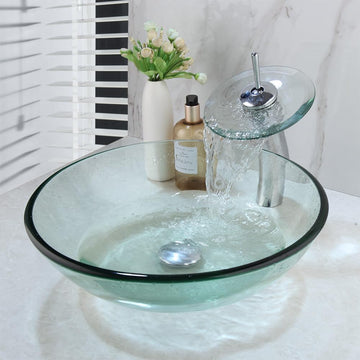 Clear Glass Vessel Sink with Chrome Faucet and Pop-Up Drain Set 17 Inch Round Bathroom Tempered Glass Basin Top Mount