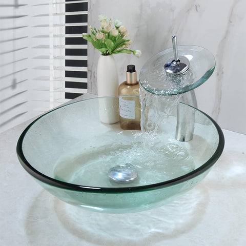 Clear Glass Vessel Sink with Chrome Faucet and Pop-Up Drain Set 17 Inch Round Bathroom Tempered Glass Basin Top Mount