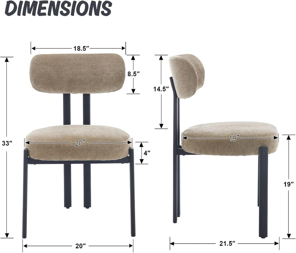 LukeAlon Chenille Dining Chairs Set of 2, Modern Curved Back Armless Kitchen Chairs with Black Metal Legs Upholstered Dining Room Chairs Reception Chairs for Living Room Office Restaurant, Khaki