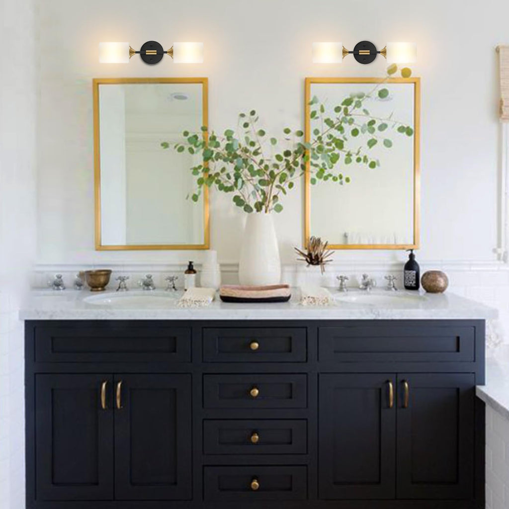 Industrial Mid Century Wall Sconce 2-Lights with White Cylinder Glass Shades Modern Bathroom Vanity Wall Lamp Matte