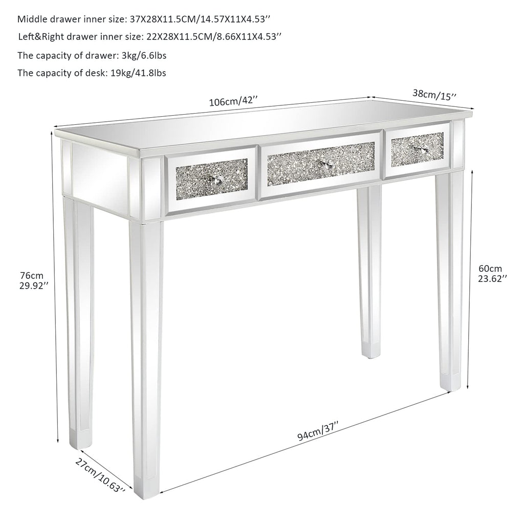 Mirrored Desk, 42 Inch, with 3 Drawers