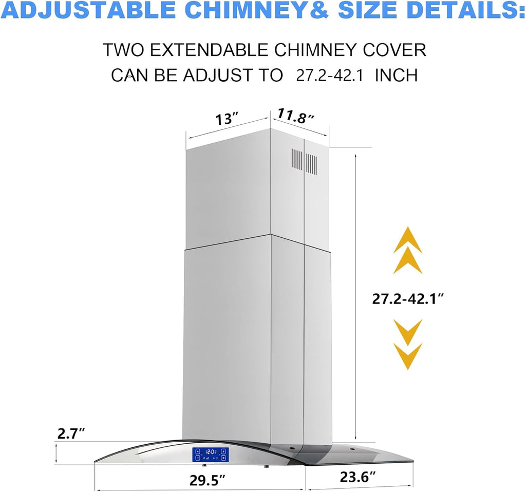 30 Inch Stainless Steel Island Mount Range Hood 700 CFM 3 Speed Gesture & Touch Control Convertible Ducted/Ductless