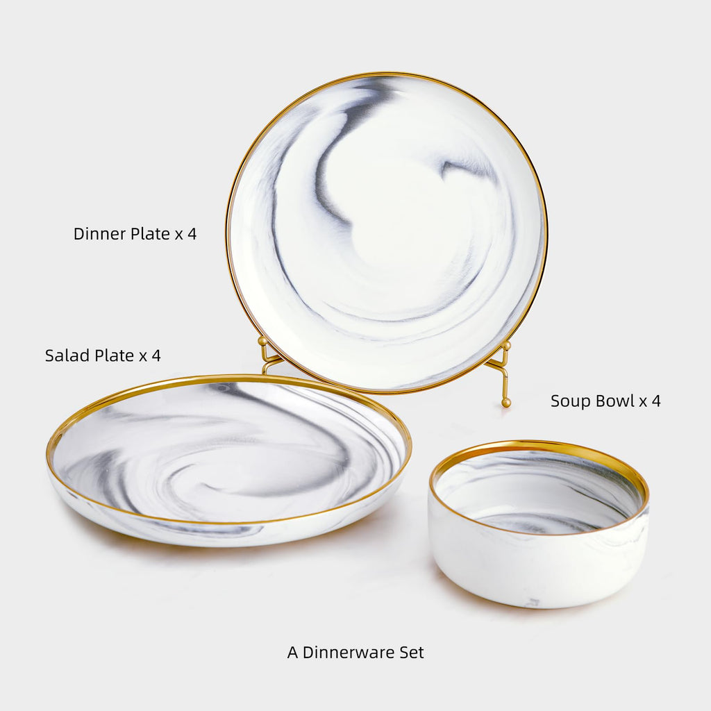 Marble Gold Rim Dinnerware Sets, Porcelain Plates and Bowls Sets