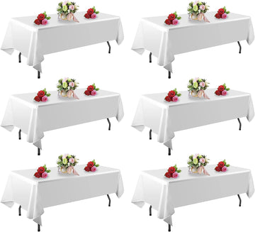 6 Pack White Table Cloth Rectangle 60 x 126 Inch Tablecloths for 6 Foot Rectangle Tables. Stain and Winkle Resistant