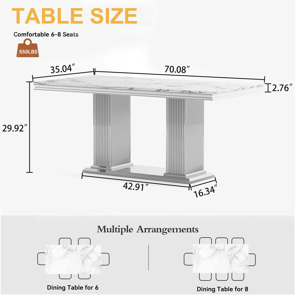 Marble Dining Table for 6-8 Modern Kitchen Table with Silver Stainless Steel Double Column Pedestal Luxury 70""