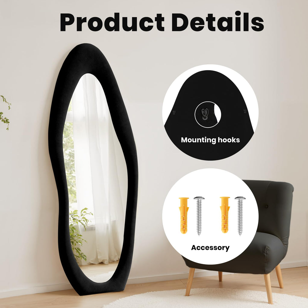 Full Length Mirror 63"x24" Irregular Full Body Wall Mounted Floor Mirror with Stand Black Flannel Wrapped Frame
