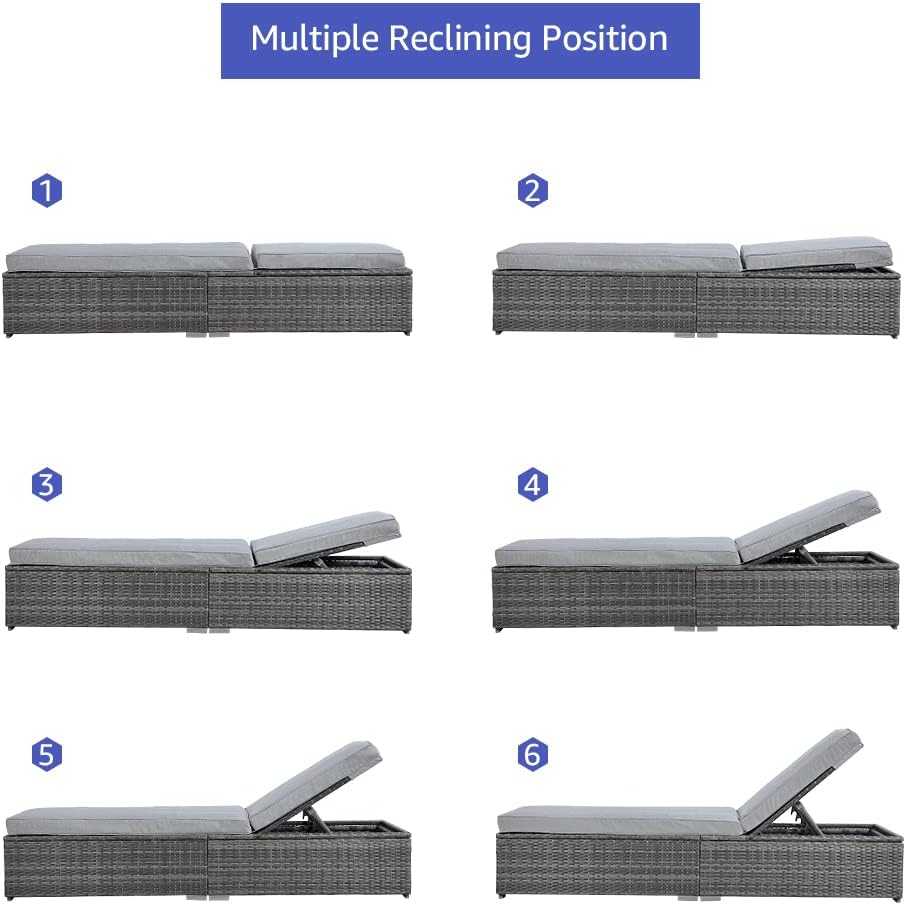 Outdoor Patio Chaise Lounge Chair Set of 2, Grey Wicker, Light Grey