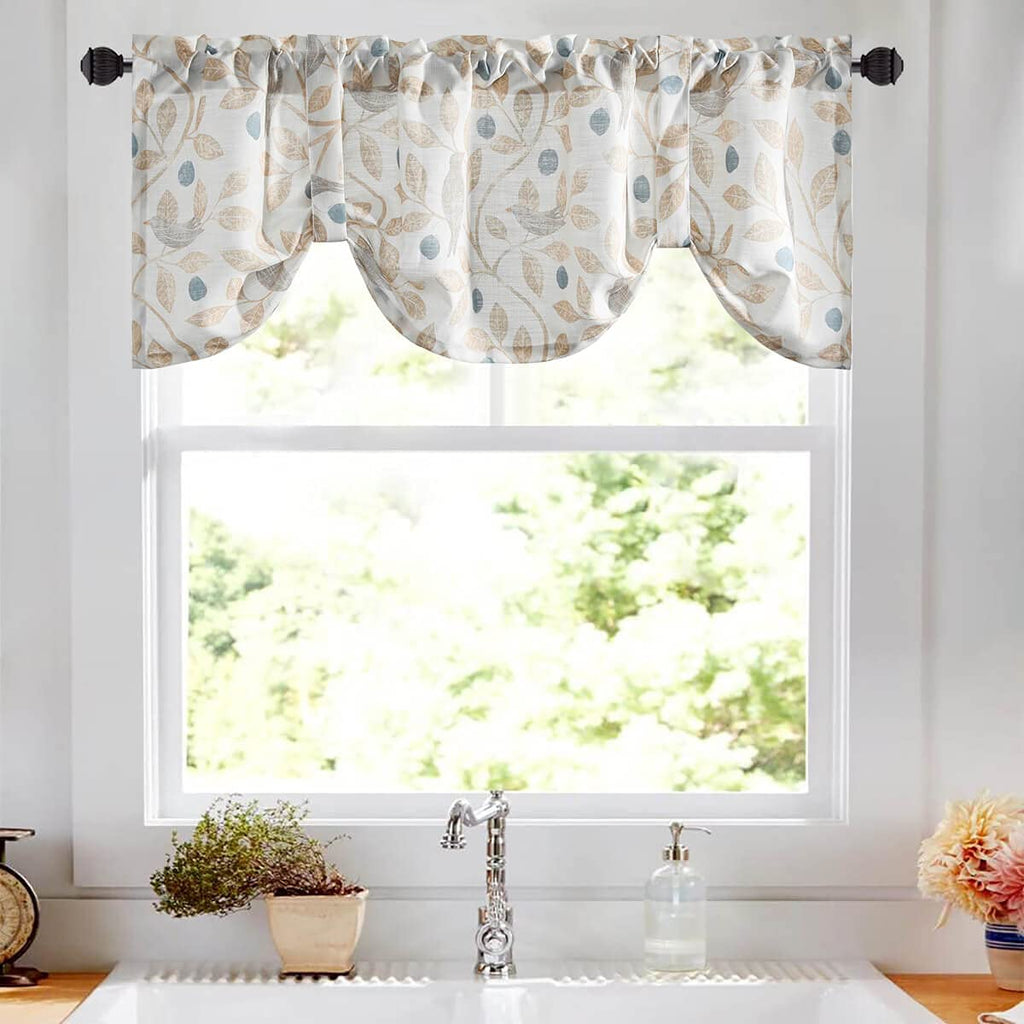 Tie Up Kitchen Curtain Valance, Bird Print, Beige, 52 x 18, 1 Panel