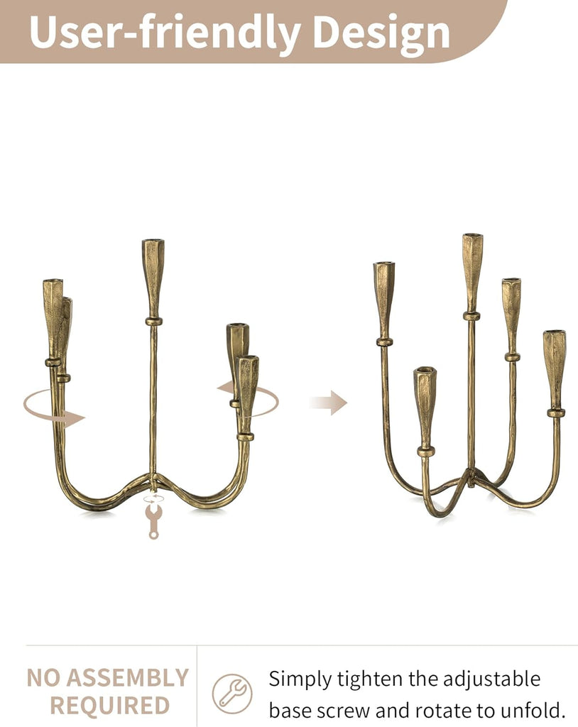 Iron Taper Candle Holders: Gold Tall Candelabra for Candlestick - Antique Brass Candle Stick Holder 5 Arm