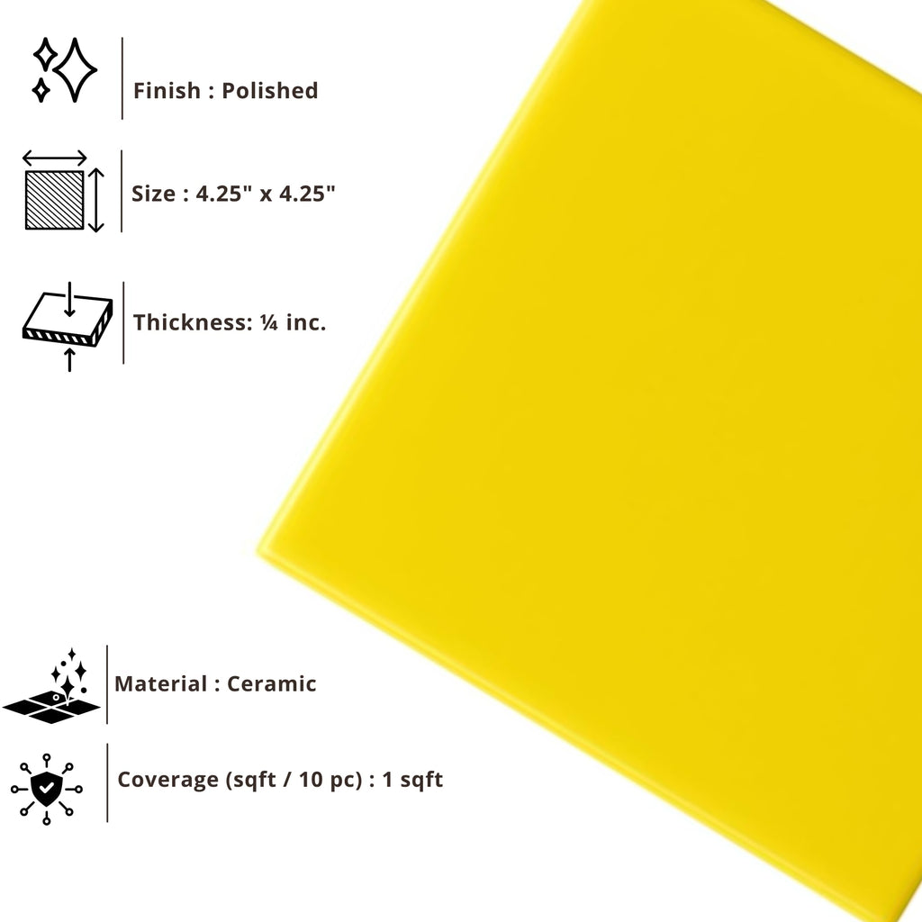 4 in Yellow Glossy Ceramic Tile, 4 1/4 in Square, Box of 10 Pieces (1 Sq Ft) Wall & Kitchen Backsplash by