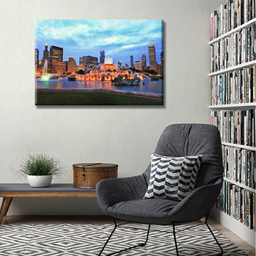 Buckingham Fountain at Dusk Canvas Wall Chicago Skyline Wall Decor 1 Piece Chicago Illinois Wall Bedroom Bathroom
