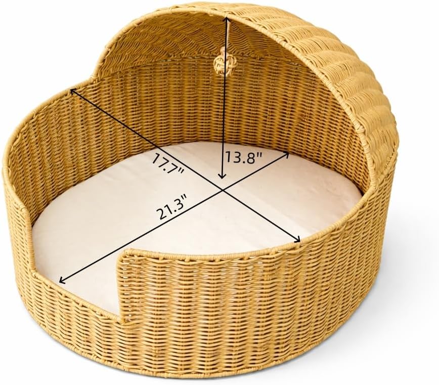 Handwoven PP Rattan Dog & Cat Bed with Canopy, Breathable Wicker Pet Sofa with Soft Sponge Cushion, Natural Rope
