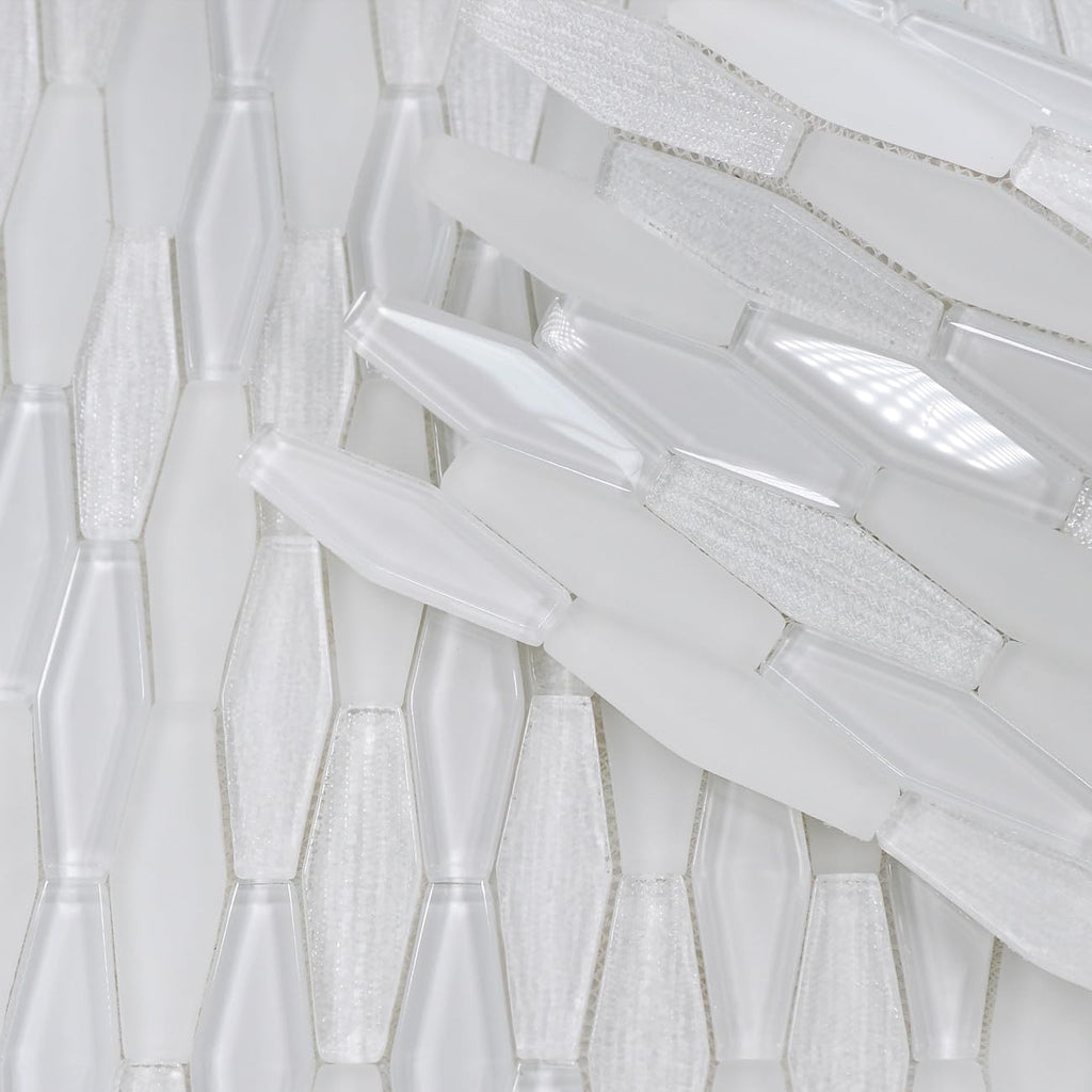 8mm Thick Picket Glass Mosaic Tile Backsplash & Bathroom Feature Wall, Elongated Hexagon Geometric Pattern, Textured