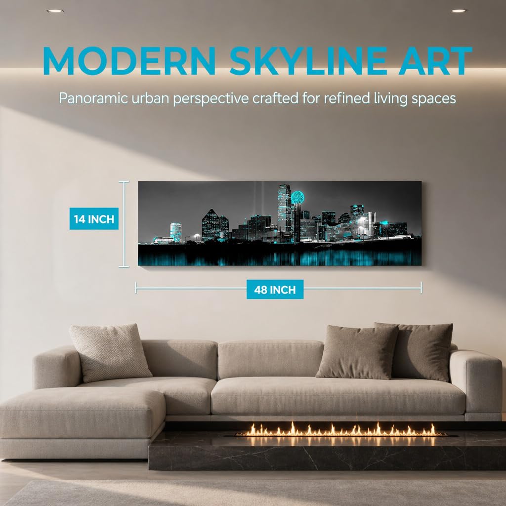 Dallas Texas Skyline Canvas Wall, Black White City Decor, 14x48 inch