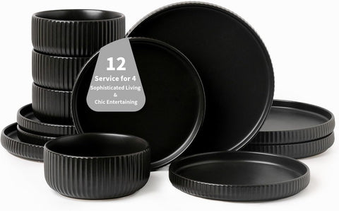 Dinnerware Sets for 4,Microwave Safe Plates and Bowls Sets,12 Piece Dylan Dish Set,Reactive Glaze Stoneware Dinnerware