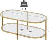 42" Oval Glass Coffee Table, 2-Tier Center Table with Storage Shelf for Small Space, Office