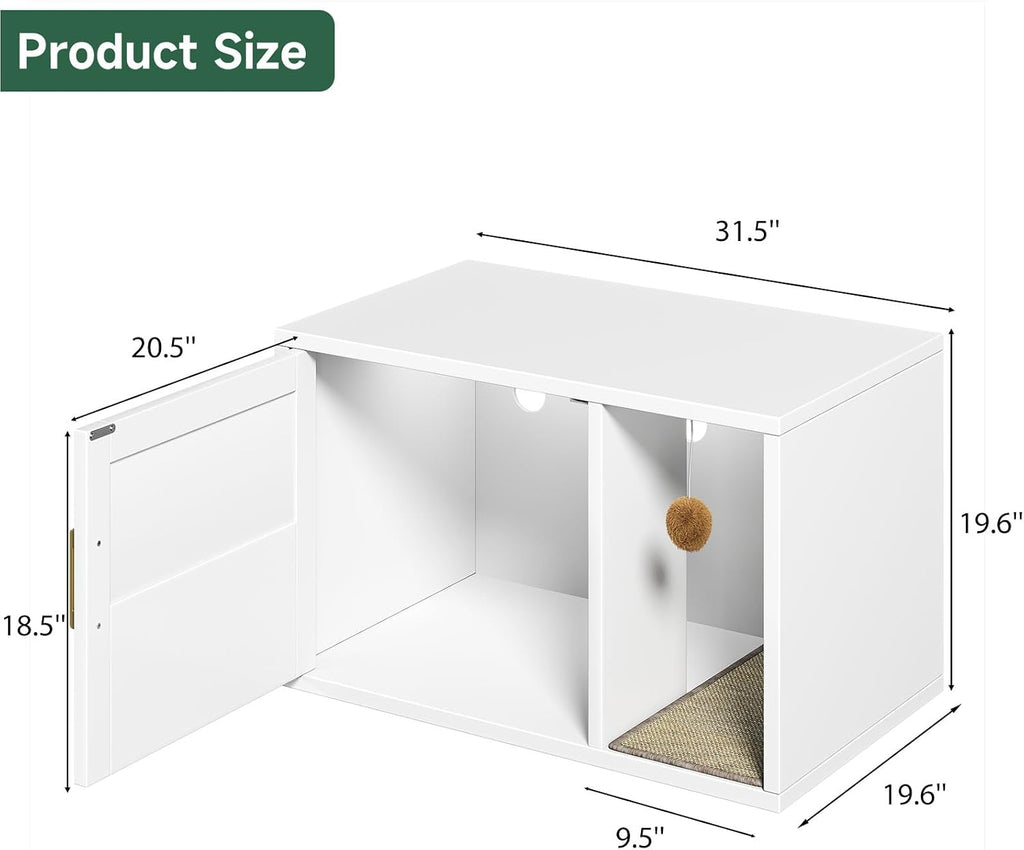 Cat Litter Box Enclosure, White Cabinet with Scratch Pad and Side Table