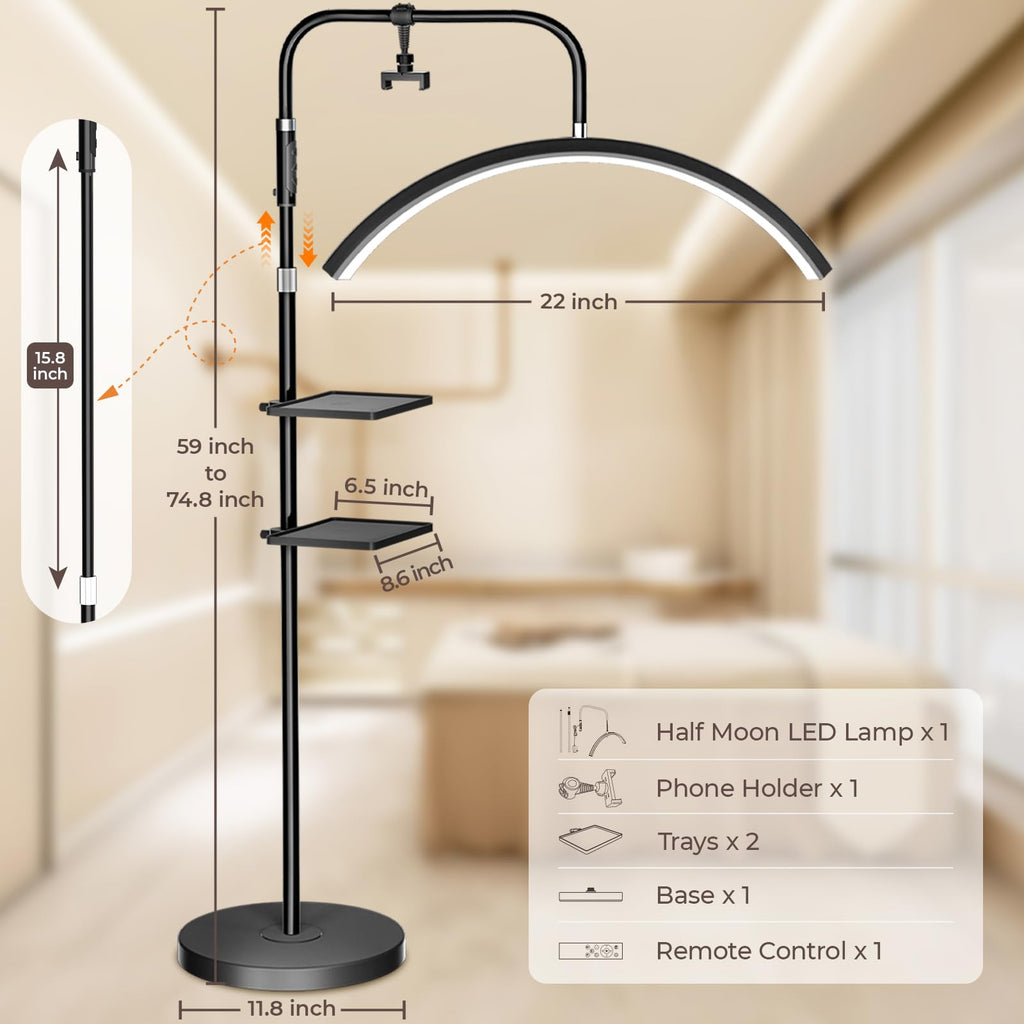 Half Moon Lash Light Dimmable Esthetician Floor Lamp, 2 Trays