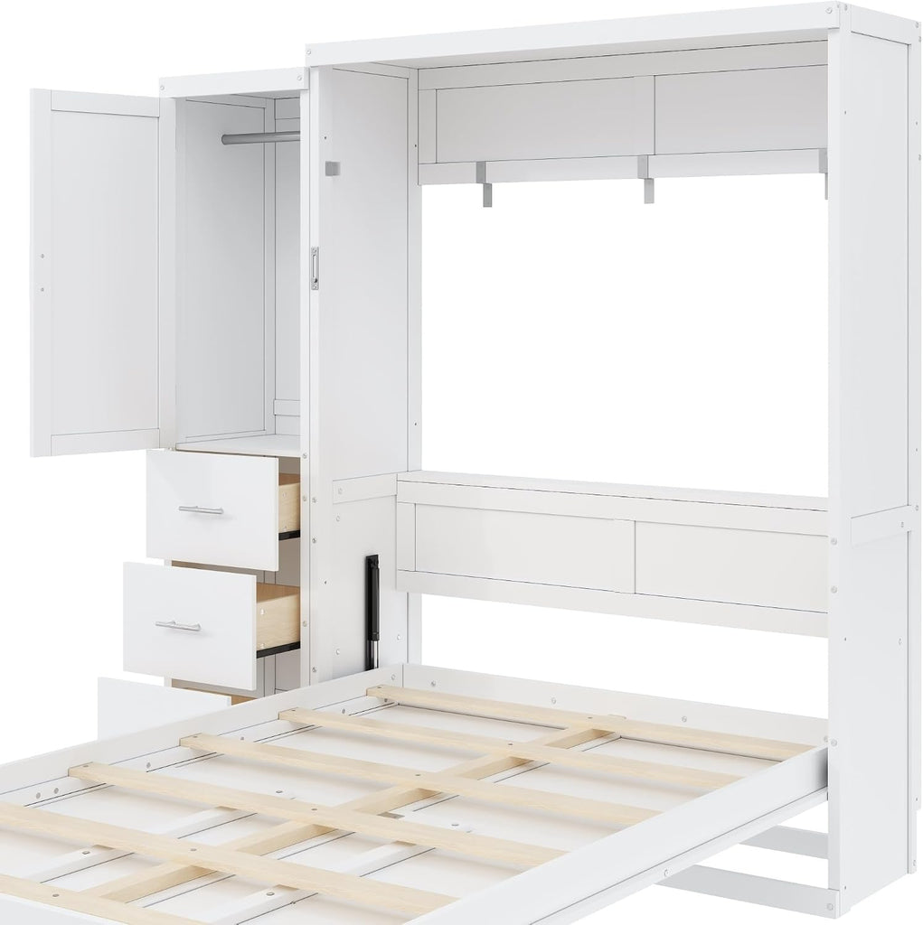 Full Murphy Bed with Drawers and Wardrobe,Multifunctional Foldable Wood Platform Bed Frame for Small Spaces Studio