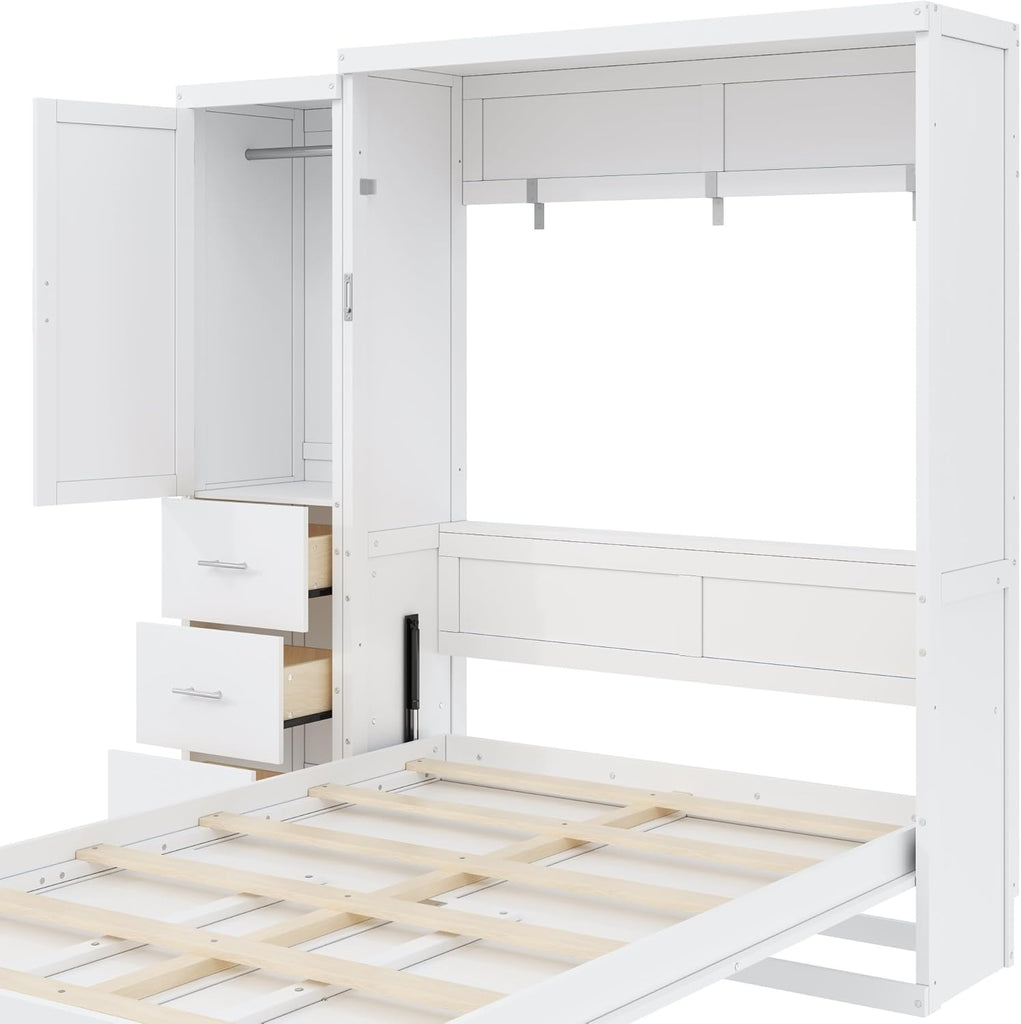 Folding Bed Cabinet Full with Storage, Hidden Murphy Bed with Drawers and Wardrobe, White