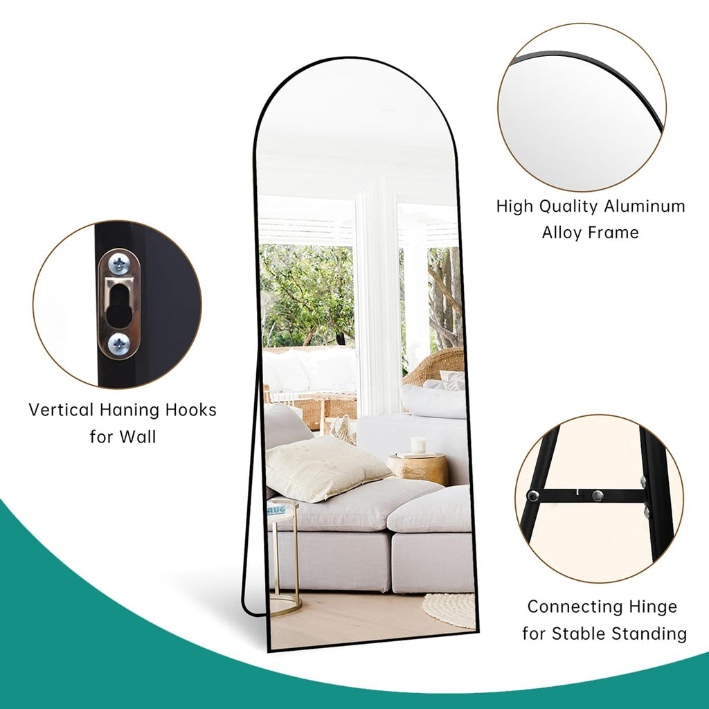 65"x22" Full Length Mirror, Arched Floor Mirror with Stand, Black