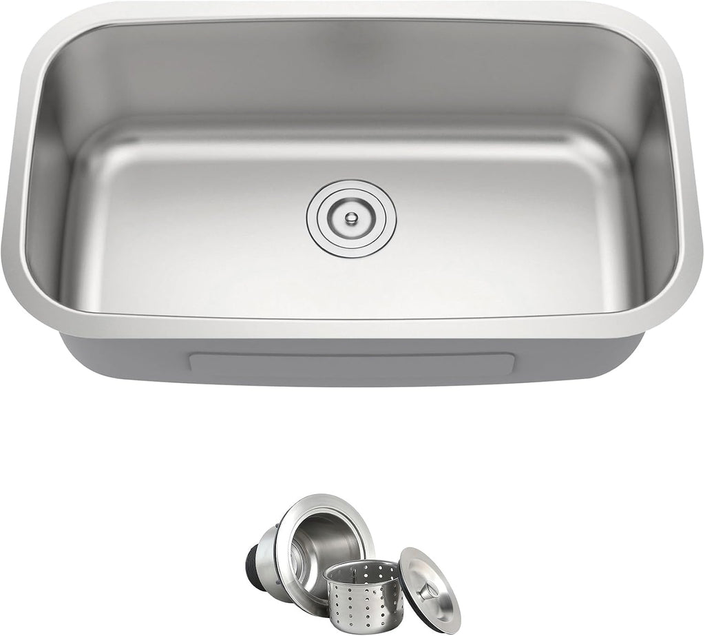 32 Inch Undermount Single Bowl Kitchen Sink | 304 Stainless Steel, 18 Gauge Thickness, Strainer Included, Brushed