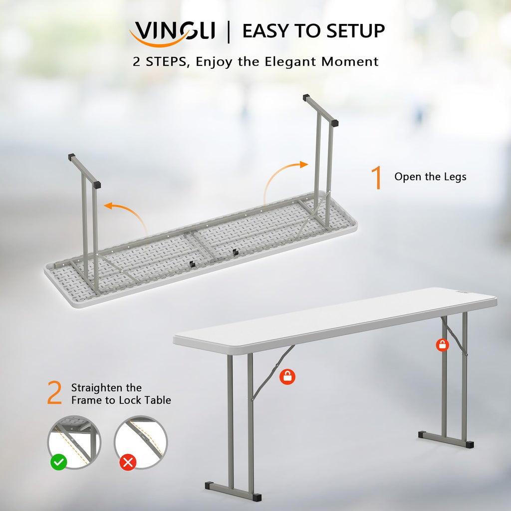 6 FT Narrow Folding Table, Premium Quality HDPE Material and Sturdy Metal Frame, Perfect for Buffet, Seminar, Party