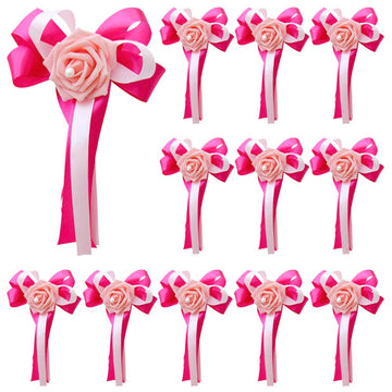 12 Pieces Wedding Car Flower Decoration Artificial Rose Flower with Ribbon Bows Wedding Aisle Chair Back Flowers