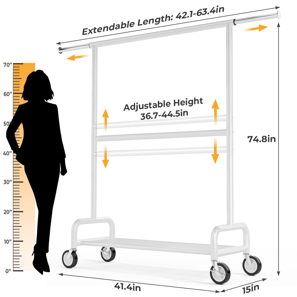Heavy Duty Clothes Rack Load 860LBS, Double Rods Rolling Clothing Racks for Hanging Clothes, Rolling Garment Rack