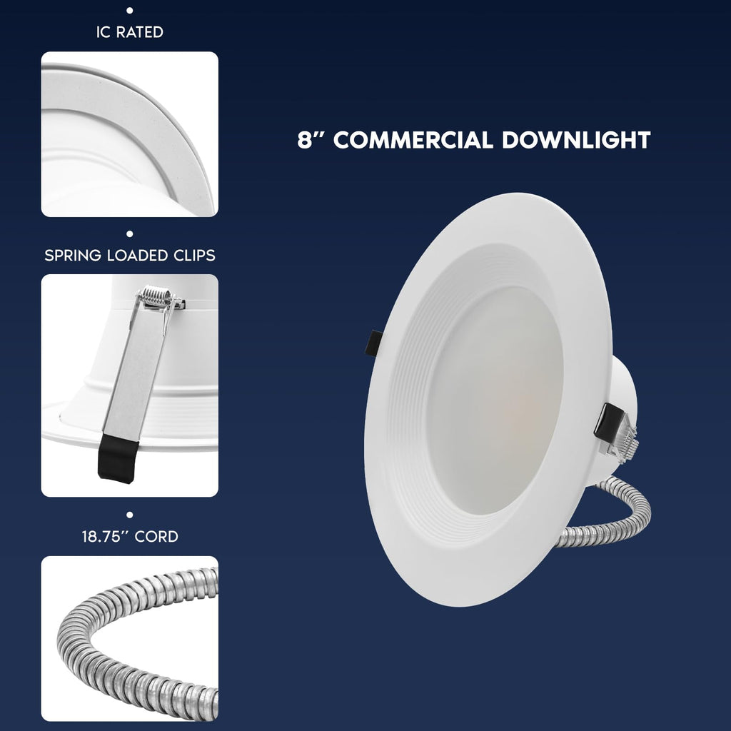 8 Inch Commercial LED Recessed Light, Canless Downlight with J-Box, 5CCT 2700K-5000K, Dimmable, 16/21/27W