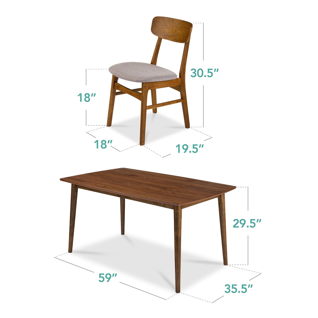 7-Piece Wooden Dining Room Table Set, Mid-Century Modern, Kitchen Table w/ 6 Chairs, Upholstered Cushions, Curved