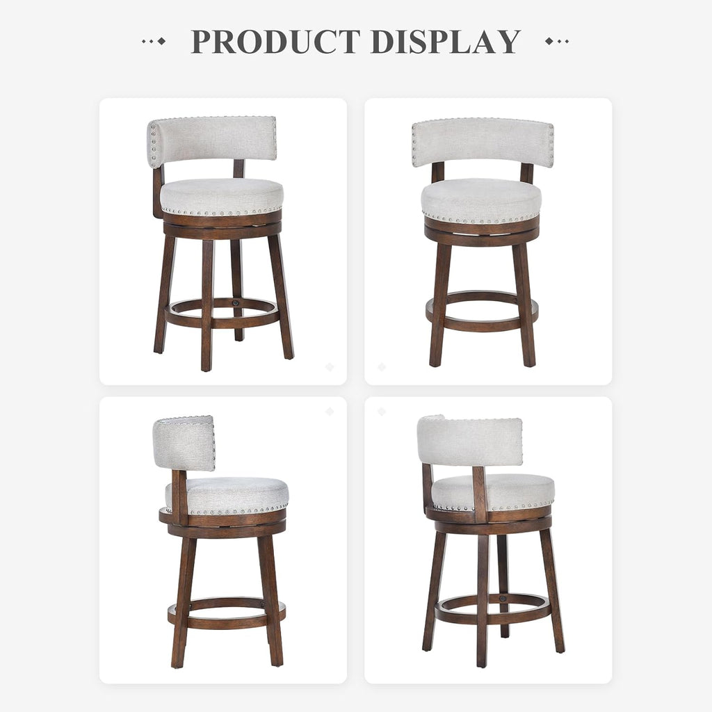 Swivel Counter Height Bar Stools Set of 3, 25 Inch Modern Upholstered Kitchen Island Barstools with Back, Wood Swivel